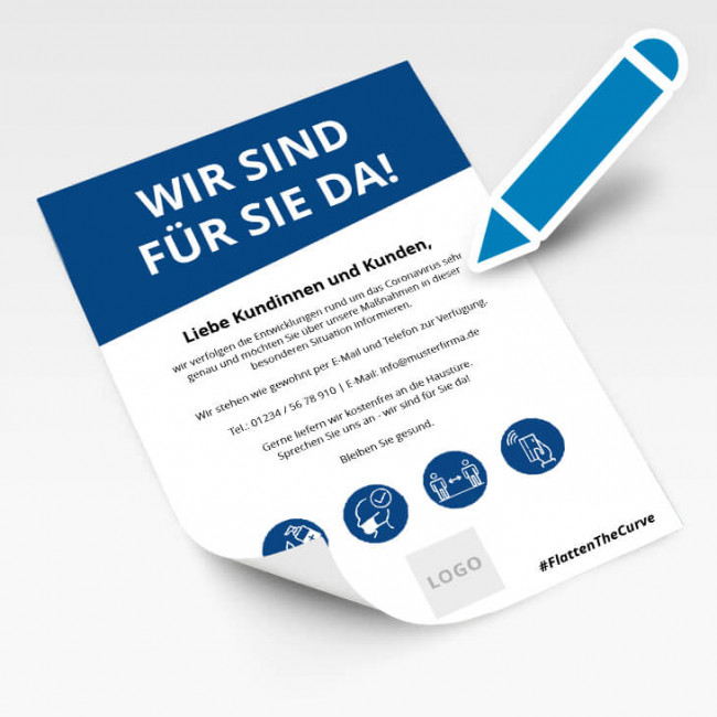 Corona Schild Blau "Wir sind für Sie da" als Aufkleber