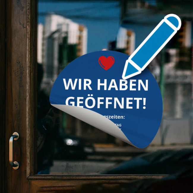 Corona Aufkleber Blau "Öffnungszeiten"