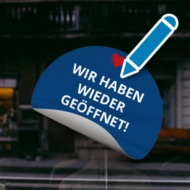 Corona Aufkleber Blau "Wieder geöffnet"
