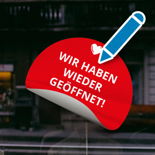 Corona Aufkleber Rot "Wieder geöffnet"