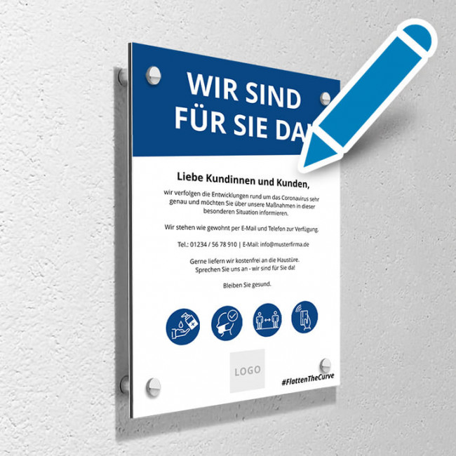 Corona Schild Blau "Wir sind für Sie da" mit Wandmontage-Set