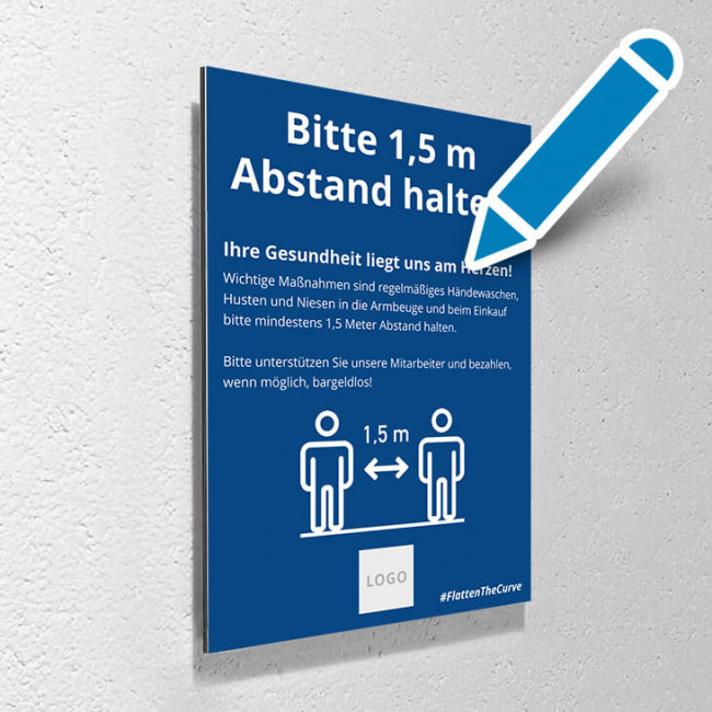 Corona Schild Blau "Abstand halten" mit Aufhänge-Set