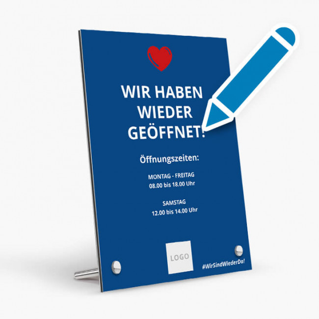 Corona Schild Blau "Wieder geöffnet" mit Tischaufsteller-Set