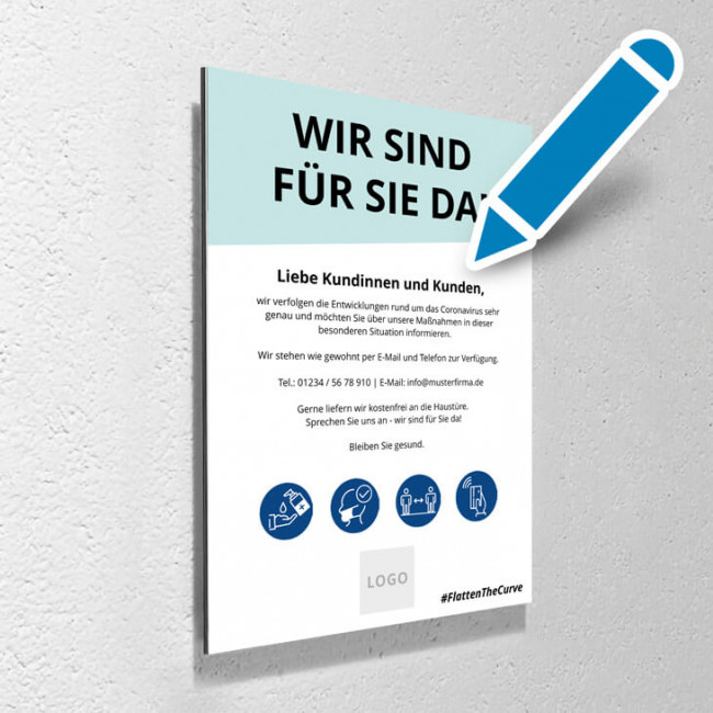 Corona Schild Grün "Wir sind für Sie da" mit Aufhänge-Set