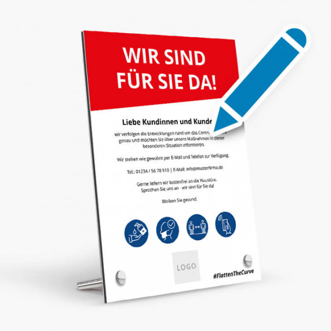 Corona Schild Rot "Wir sind für Sie da" mit Tischaufsteller-Set