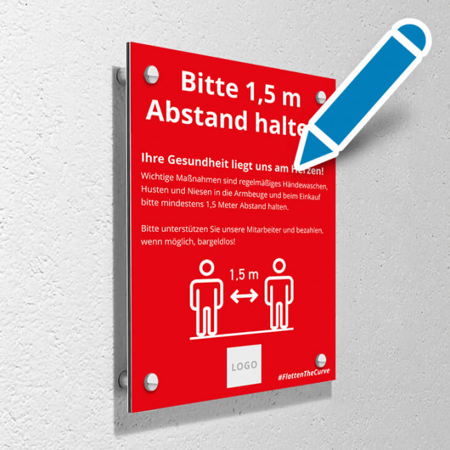 Corona Schild Rot "Abstand halten" mit Wandmontage-Set