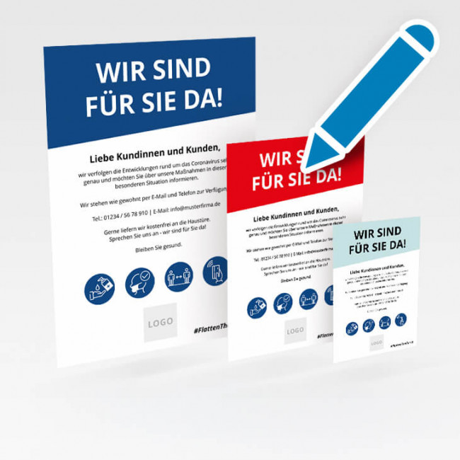 Corona Schild Blau "Wir sind für Sie da" auf Premiumpapier